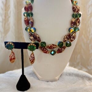 Vintage 1950s Venetian Art Glass & Aurora Borealis Crystal Necklace Set